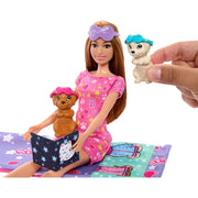 Barbie Doll & Playset with 2 Toy Dog Figures & 10+ Accessories, Puppy Slumber Party with Color-Change Feature, Sleeping Bag, Eye Masks & More