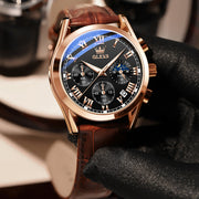 OLEVS Chronograph Men's Sport Watch, Luxury Classic Business Design, Brown Leather Strap, Waterproof, Luminous Analog Quartz, 40mm, 2871