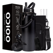 OOICO Insulated Water Bottle 40 OZ, Vacuum Stainless Steel Flask, Keep Cold 48H Hot 12H, Wide Mouth with Straw and Spout Lids, Strap Carrier Bag, Protective Boot, Paracord Handle