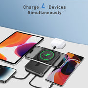 Yelomin Magnetic Portable Charger Power Bank, 10000mAh Battery, Built-In USB-C and Lightning Cables, Foldable Stand, 22.5W Fast Charging, Black