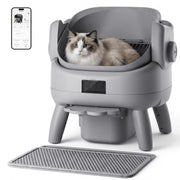 Osoeri Self-Cleaning Cat Litter Box, Large Open-Top, Automatic with App Control, Safety Protection, Odor-Free, Includes Trash Bags, Waterproof Mat, Litter Mat, Gray