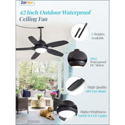 Zardon 42in Modern Outdoor Ceiling Fan with 6-Speed DC Motor, Dimmable LED Light with 3 Color Temperatures, Weather-Resistant, Black LX42