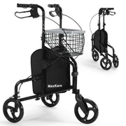 MaxKare 3-Wheel Rolling Walker for Seniors, Foldable Rollator with Adjustable Height Handles, Dual Braking System, Storage Basket and Tray, Black