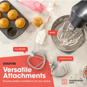 Gourmia 5 Quart 10-Speed Electric Stand Mixer with Bowl Shield, Dough Hook, Beater, Whisk, Grey, GSM408