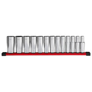 Milwaukee 13PC 1/2 in Drive 12-Point Deep Well SAE Socket Set, Chrome Red, Storage Rail Included, 48-22-9424