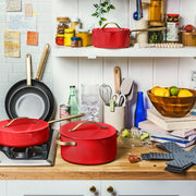 Beautiful 12-Piece Cookware Set, Pots and Pans with Strainer Lids and EverGood Ceramic Nonstick Coating, Tomato Red