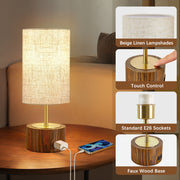 NATYSWAN Small Table Lamps Set of 2, Modern Touch Control, USB-C Charging Ports, Beige Fabric Shade, Wooden Base, Minimalist Desk Lamp for Bedroom Living Room Office W-2TL-160C