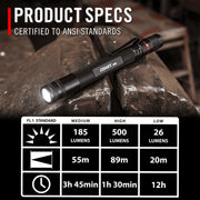 Coast HP3R Rechargeable Penlight, Twist Focus LED, 500 Lumens, Black, Aluminum Body