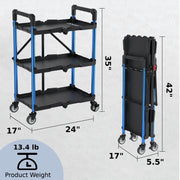 WORKPRO 3-Tier Folding Service Cart with Wheels, 210 Lb Load Capacity, Aluminum and Polypropylene, Foldable Utility Cart for Garage Warehouse Home Office, W083076AW