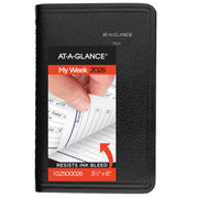 ACCO Brands DayMinder 2026 Weekly Appointment Book Planner, Hourly Layout, Black Faux Leather Cover, 3.5 x 6 in