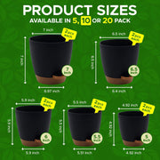Campior Self Watering Plant Pots, Pack of 10, Indoor Outdoor Planters with Wick Rope and Drainage Holes, Lightweight Matte Black Plastic, Round Classic Style