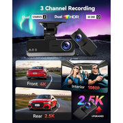 ALDF 4K Triple Channel Dash Cam, Front 4K and Inside Rear 2.5K Cameras, 3.39-Inch IPS Display, Night Vision, Loop Recording, G-Sensor, WDR, Parking Mode, App Control