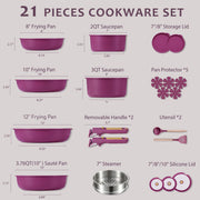 Carote A13622-DS 21-Piece Nonstick Pots and Pans Cookware Set with Detachable Handle, Induction Compatible, Purple