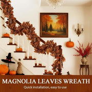 Brown Magnolia Leaf Garland, 6ft Realistic Artificial Fall Magnolia Leaves with Pinecones, UV Resistant, Waterproof