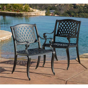Noble House 239070 Patio Dining Chairs, Cast Aluminum Frame with Black Sand Finish, Wood and Leather Materials, Set of 2