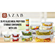 Razab 35 Pc Glass Food Storage Container Set with Airtight BPA-Free Lids, Leak-Proof, Microwave Oven Freezer Safe, Rectangular and Square Blue Containers