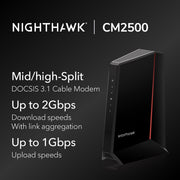 NETGEAR Nighthawk DOCSIS 3.1 Mid/High-Split Cable Modem, 2Gbps Download, 1Gbps Upload, 2 Gigabit Ethernet Ports, Black, CM2500-1AZNAS