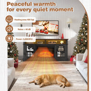 Paproos Fireplace TV Stand for 65 in TV with 23 in Electric Fireplace, 1400W Heating, Adjustable LED Lights, Farmhouse Style, Brown Top Black Cabinet