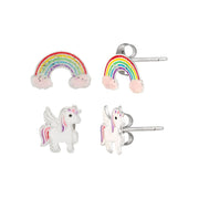 Brilliance Fine Jewelry Girls Sterling Silver Rainbow and Unicorn Stud Earring Set
