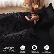 MR&HM Satin Comforter Set, 7 Pieces, Queen Size, Black, Pinch Pleat Design, Silky Soft Polyester Satin Bedding
