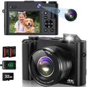 Brewene 4K Digital Camera, 64MP Ultra-High-Definition, Dual Lens with 16x Optical Zoom, Autofocus, 3-Inch IPS HD Screen, 32GB SD Card, Dual Rechargeable Batteries
