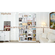 Hiphuta 84 in Tall Double Wide 7-Tier Bookcase with 14 Cubes, Reinforced Shelves, Waterproof White Finish, 700 lb Capacity, Contemporary Style, 1067497