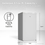 TCL Compact Refrigerator, 3.1 Cu Ft Capacity, Single Door, Reversible Door, Energy Efficient, Quiet Operation, White, TRM31S4AW