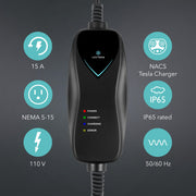 Lectron LECHG5-15-15ATSLBLKUS Tesla Level 1 NEMA 5-15 Electric Vehicle (EV) Charger - up to 15A- 16' - Black
