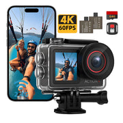 AC1 Action Camera, 4K UHD 60FPS, 30MP, Dual Front and Rear Screens, Waterproof 132FT, Electronic Image Stabilization, 64GB Card, Dual Batteries, Mounting Kit