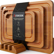 Astercook Bamboo Cutting Board Set, 4-Pieces with Holder, Deep Carbonized Wood, Juice Groove, Built-In Handles, Large Medium Small Boards