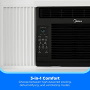 Midea 6,000 BTU Window Air Conditioner with Comfort Sense Remote, 3 Cooling Modes, 3 Fan Speeds, Energy Saver, Fits Double Hung Windows 23-36 in, Black, RMW06RWB