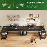 Amadwell 55 Inch L Shaped Computer Desk with Built-In Power Outlets, USB and Type-C Ports, 3 Fabric Drawers, Mesh Shelves, Black