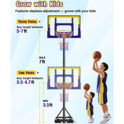 Toremore Kids Portable Basketball Hoop, Stepless Adjustable Height 3.5-7ft, 29-Inch Shatterproof Polycarbonate Backboard, Stable HDPE Base with Wheels