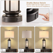 JUJUYUYOP Rustic Farmhouse Table Lamp Set of 2, 25 Inch Black Metal Base, Linen Shade, Dual USB Charging Ports, Night Light Function, LED Bulbs Included, JU-8986