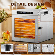 Cercker Food Dehydrator Machine, 9 Stainless Steel Trays, 1000W High Power, Adjustable 70-190F Temperature, 7.7ft Drying Area, 24-Hour Timer, Silver, DBC-09A