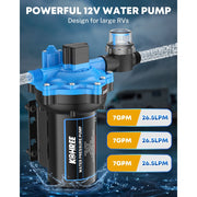 Kohree Upgraded RV Water Pump, 7 GPM, 70 PSI, 12V DC, Self-Priming, Polypropylene, Universal Fit for RV, Boat, Marine, Yacht, Caravan, KR2134-WR