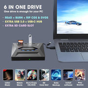 Finopo Drive 6in1 External CD DVD Drive for Laptop, Black