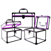 SHANY Clear Cosmetics and Toiletry Train Case Set, 3-Piece Organizer with Secure Clasp Closure, Durable Acrylic and Aluminum, Black and Purple Accents