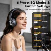 IKT Hybrid Active Noise Cancelling Over Ear Headphones, Bluetooth 6.0, 6 EQ Modes, Bass Boosted, Transparency and Game Mode, 100H Battery Life, Black