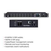 CyberPower Switched Power Distribution Unit, 8 Switchable NEMA 5-15R Outlets, 100-120V 15A, 1U Rackmount, Black, PDU41001