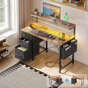 Sofanext 40 Inch Computer Desk with Built-In Power Outlets, LED Lighting, Adjustable Monitor Shelf, Three Drawers, Vintage Design