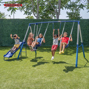 ALPULON Arcadia Metal Swing Set with 5ft Slide, Trapeze, 2 Person Glider Swing