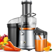 Shardor XJDZZJ2106 Centrifugal Juicer Machine, 1200W Full Copper Motor, Wide 3.2-Inch Feed Chute, Dual Speed Settings, 22 oz Juice Jug with Foam Separator, Silver