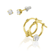 Brilliance Fine Jewelry 10K Gold Filled Crystal Children's Earrings Set, Floral Pav Design, Yellow Gold, Studs and Hoops