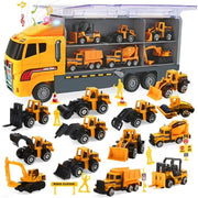 JoyStone TN-1123A 25 in 1 Construction Trucks Push and Go Car Carrier Truck Toy, Play Vehicles with Sounds and Lights, 12 Mini Diecast Trucks Included