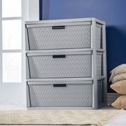 Sterilite Wide 3 Drawer Tower Storage Cart with Removable Plastic Bins, Opaque Weave Design, Easy Assembly, Gray, 4430-6A