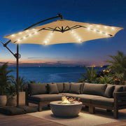 Patbrela 10ft Cantilever Patio Umbrella with Solar LED Lights, Infinite Tilt, Beige, Includes Base HY21LB