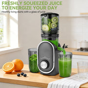 Pukomc Slow Juicer, 300W Cold Press Juice Press with 5.3 in Wide Feed Chute, One-Touch Operation, Auto Stop, Reverse Function, Easy Clean, Includes Juice and Pulp Cups, Silver Gray MP802K-gray