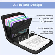 MoKo Zipper Binder, 2-Inch Round Ring, 500-Sheet Capacity, Multi-Pocket Organizer with 6-Tab Expanding File, Adjustable Shoulder Strap and Handle, Black