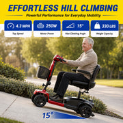 SACVON 4-Wheel Electric Mobility Scooter for Seniors, 250W Motor, 330 lb Capacity, Thick Comfort Seat, USB Charging Port, Widened Front Guard, Red